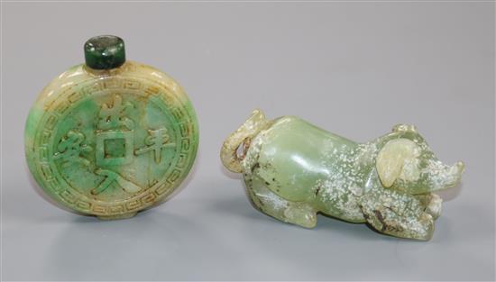 A Chinese carved jadeite snuff bottle, 6cm and a hardstone pig 8cm